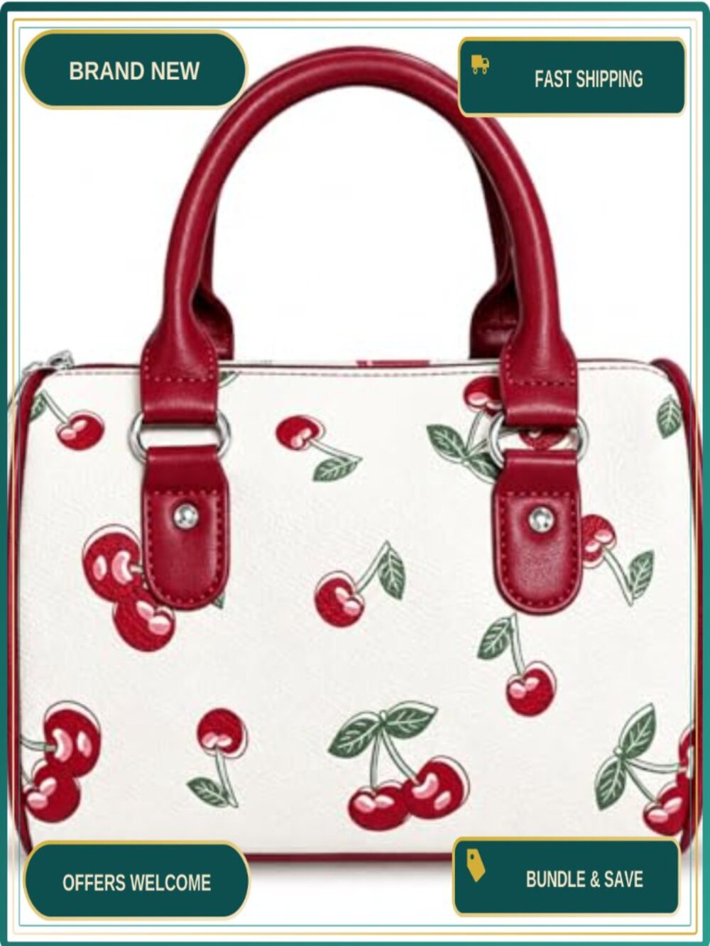 Small PU Leather Crossbody Satchel with Fruit Prints and Top Handle